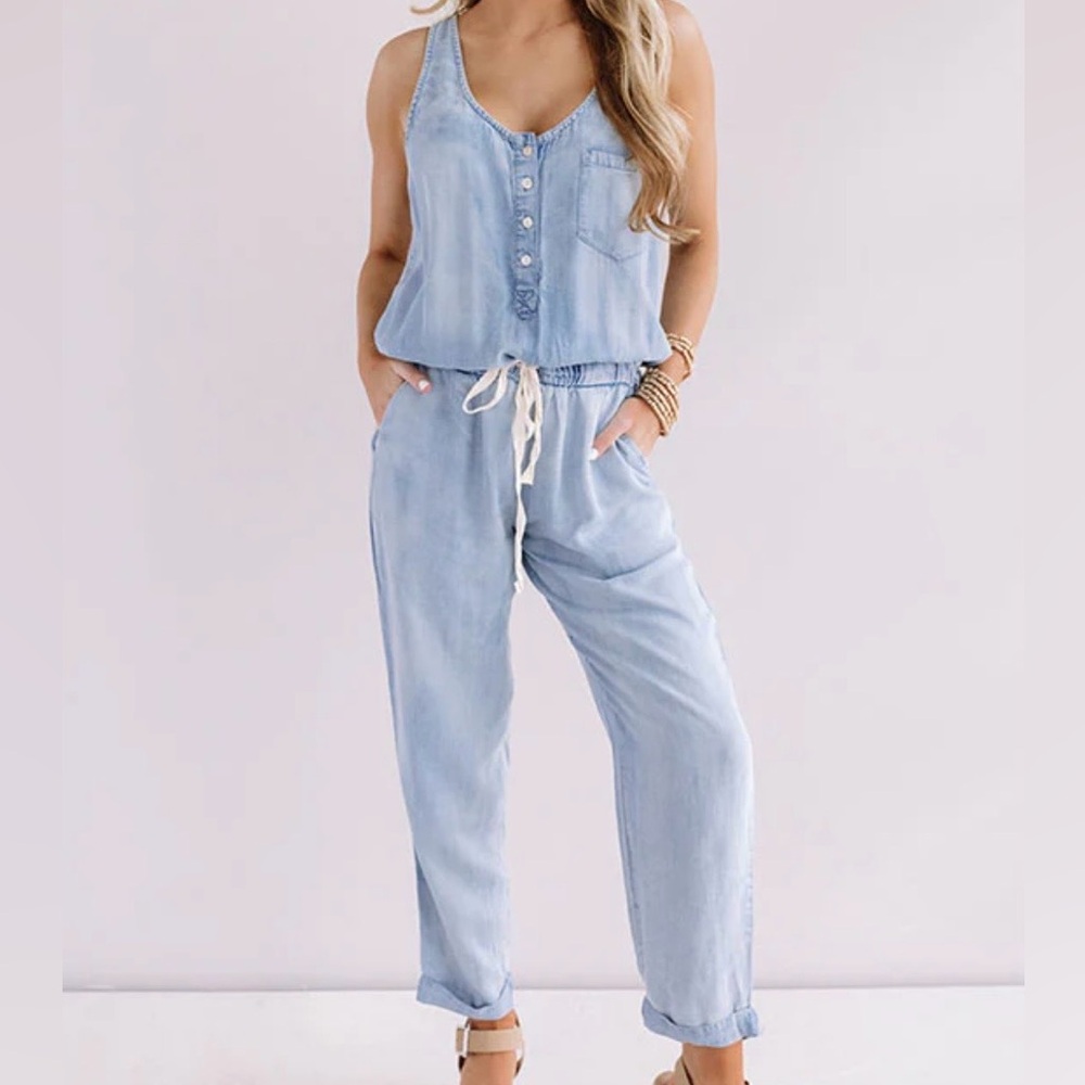 Lovestitch Chambray Tencel Jumpsuit Small Soft Denim Look Sleeveless Romper